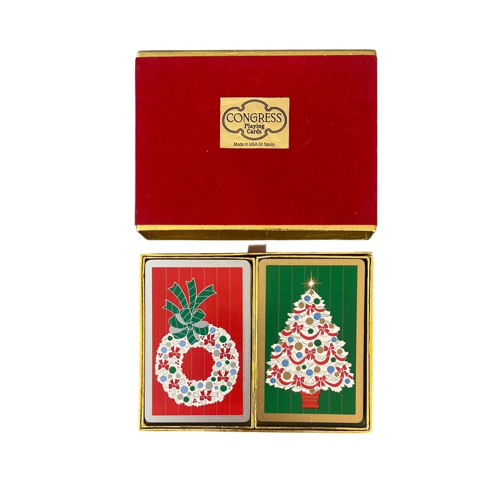 Congress Playing Cards Christmas Double Deck Set Wreath Tree Red Velvet Vintage
